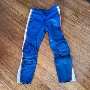 Vtg 80's Spartan Motorcycle Leather Racing Pants Red Blue White Men's Size 34